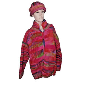 Vtg Over The Rainbow Wool Cardigan Sweater Striped Jacket w/Hat Hippie Boho S/M